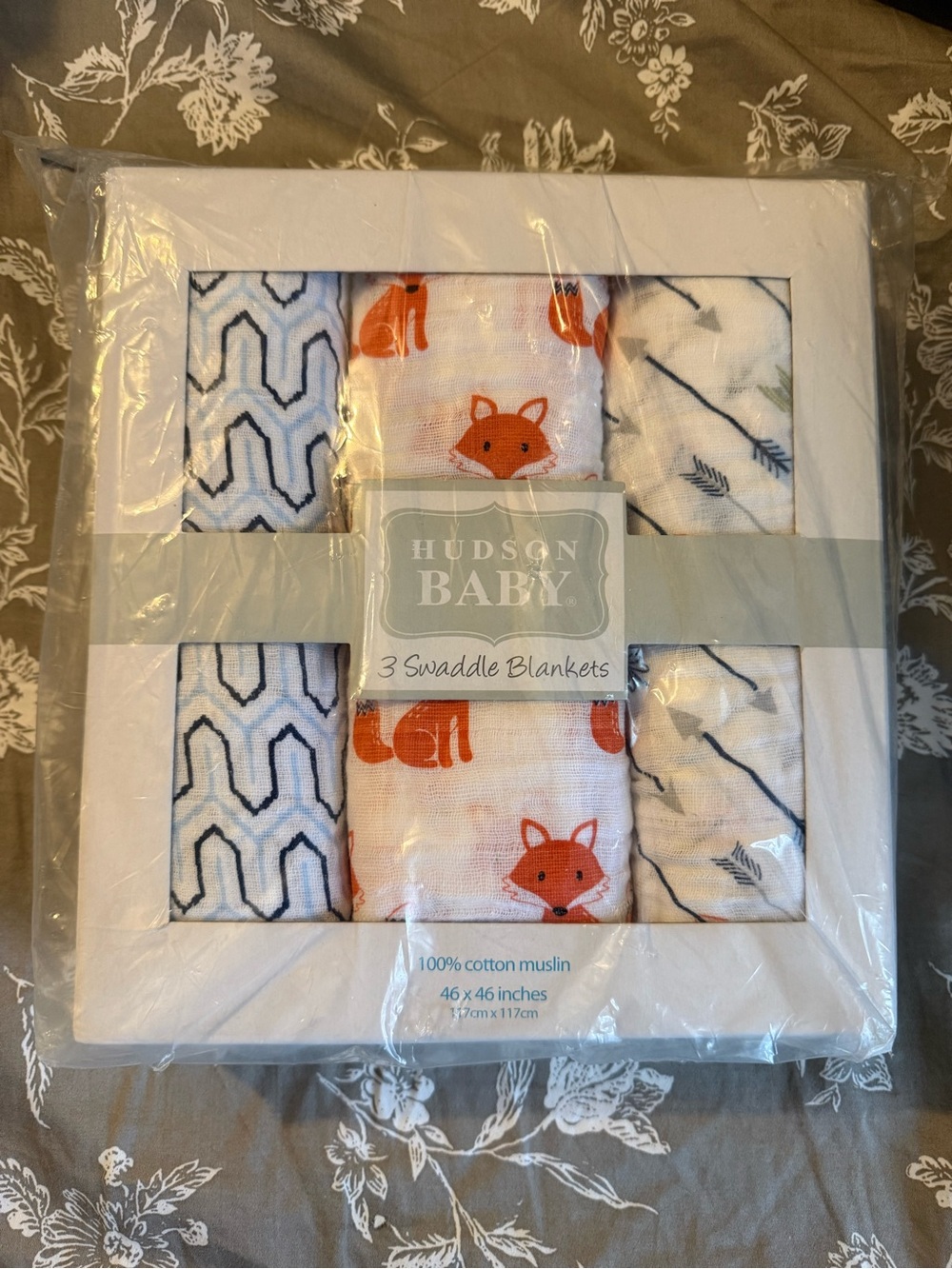Hudson Baby Fox & Blue Pattern Cotton Muslin Swaddle Blankets - 3 pack